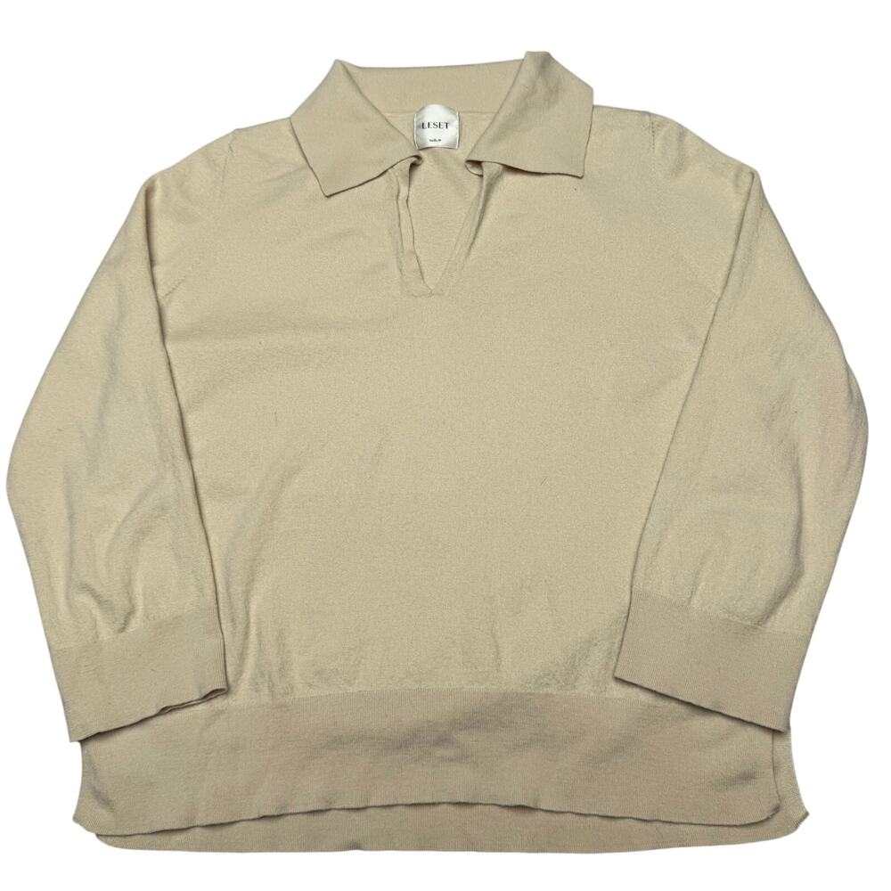 LESET James Extrafine Merino Wool Knit Polo Sweater Women's Medium Quiet Luxury
